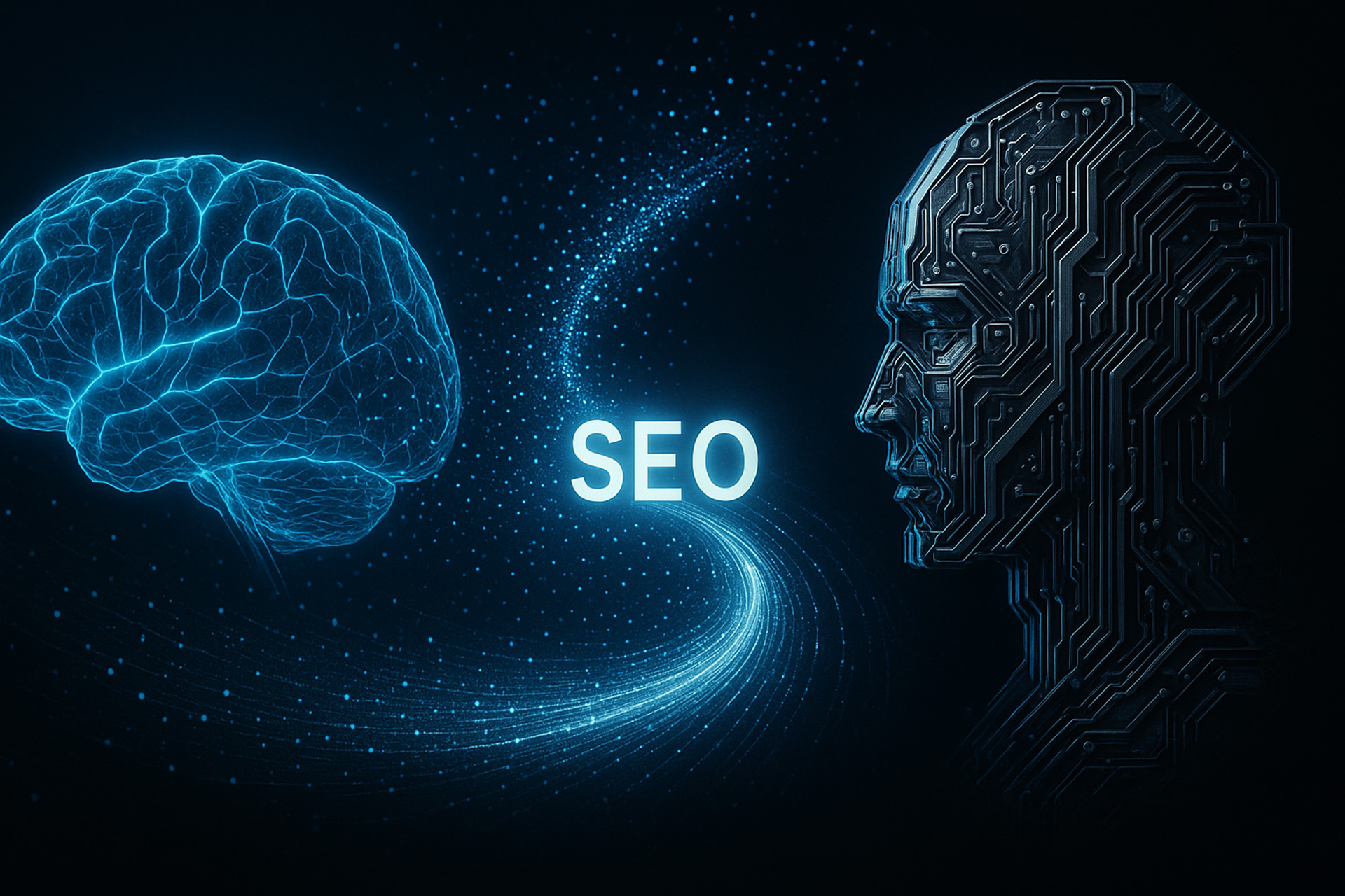 AI時代のSEO戦略を象徴する画像。青く光る人間の脳と、精密な回路でできたAIの顔が、SEOというキーワードを介してデータの流れで結ばれている。