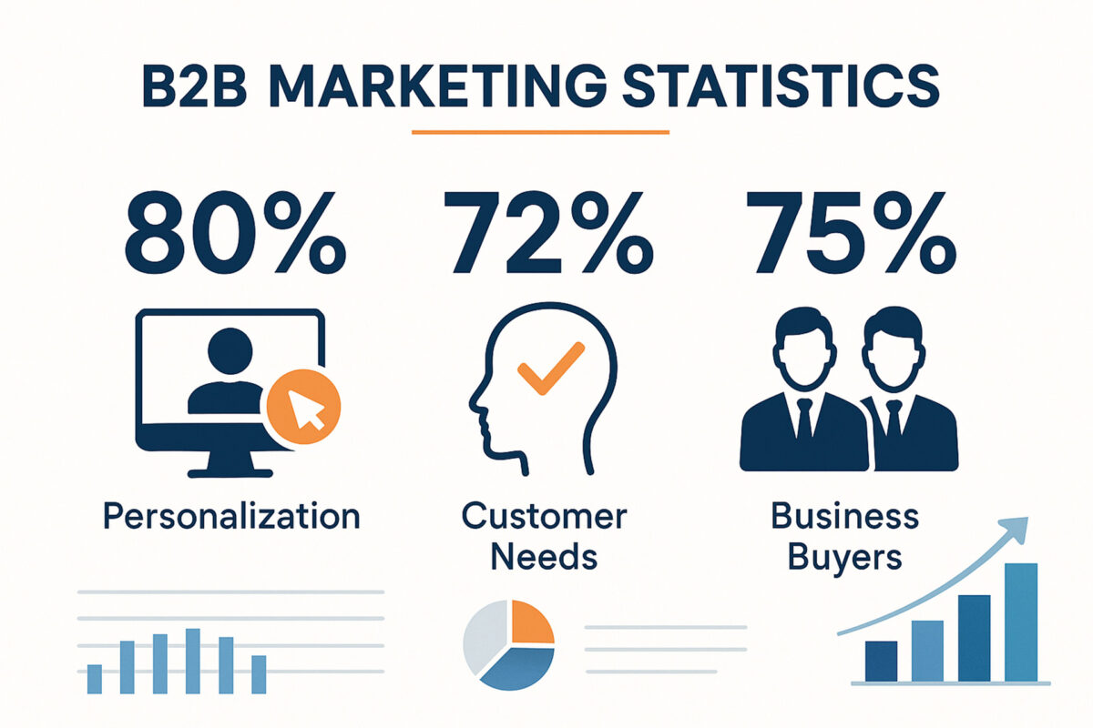 B2BマーケティングのB2C化を示す統計データのインフォグラフィック。「80%がパーソナライゼーションを求める」「72%が顧客ニーズを重視」「75%の購買担当者」というデータがアイコンと共に示されている。