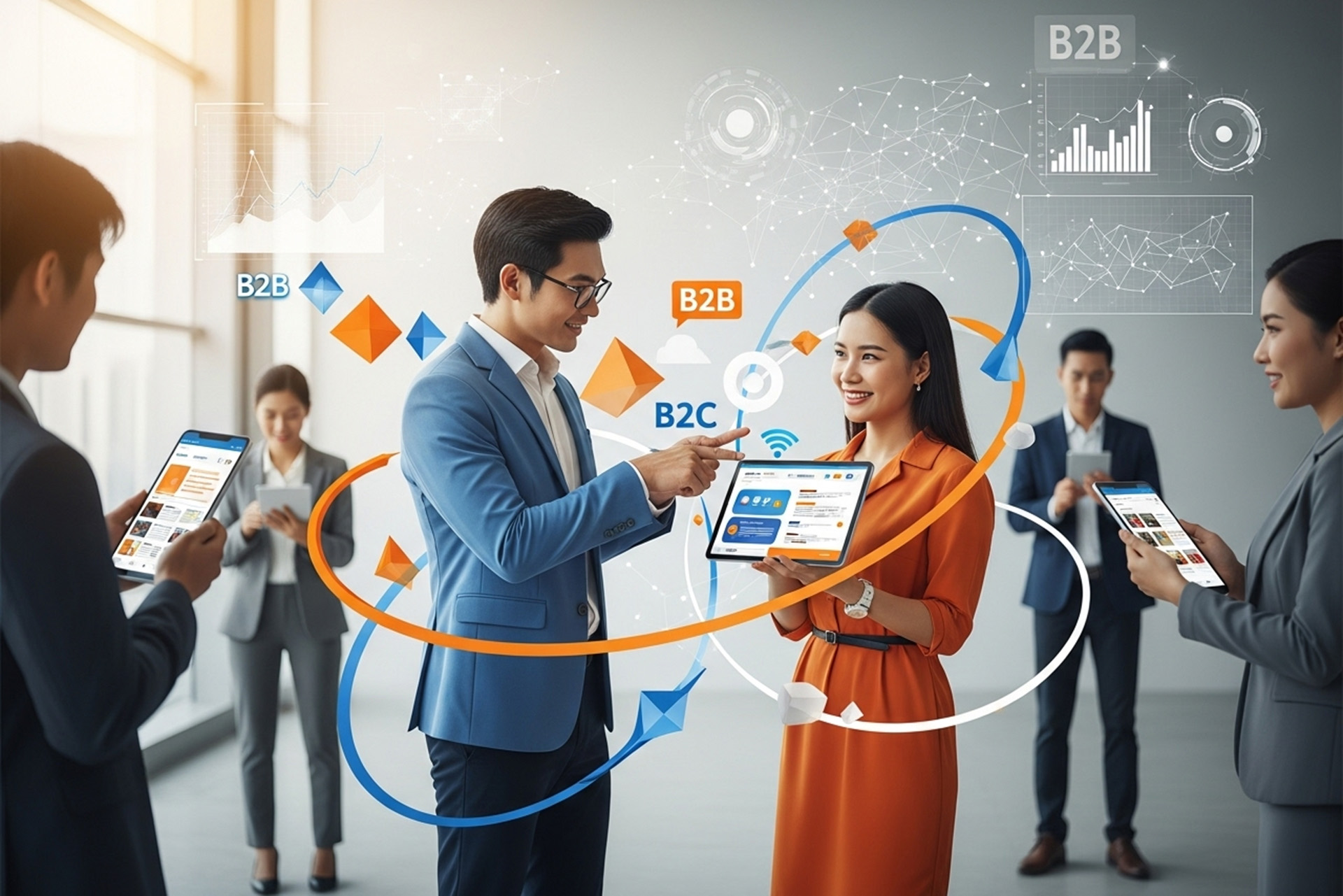 B2BとB2Cの融合を象徴する空間で、スーツ姿の男性とカジュアルな服装の女性がタブレットを囲み、新しいマーケティング戦略について笑顔で対話している。