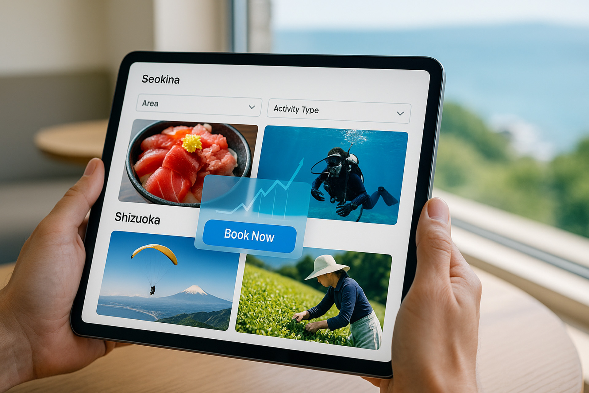 ユーザーがタブレットで、静岡の多様な魅力を紹介する予約サイトを閲覧中。画面には海鮮丼、スキューバ、パラグライダー、茶摘みの写真が並び、問い合わせ3倍増を示す成長グラフが浮かぶ。