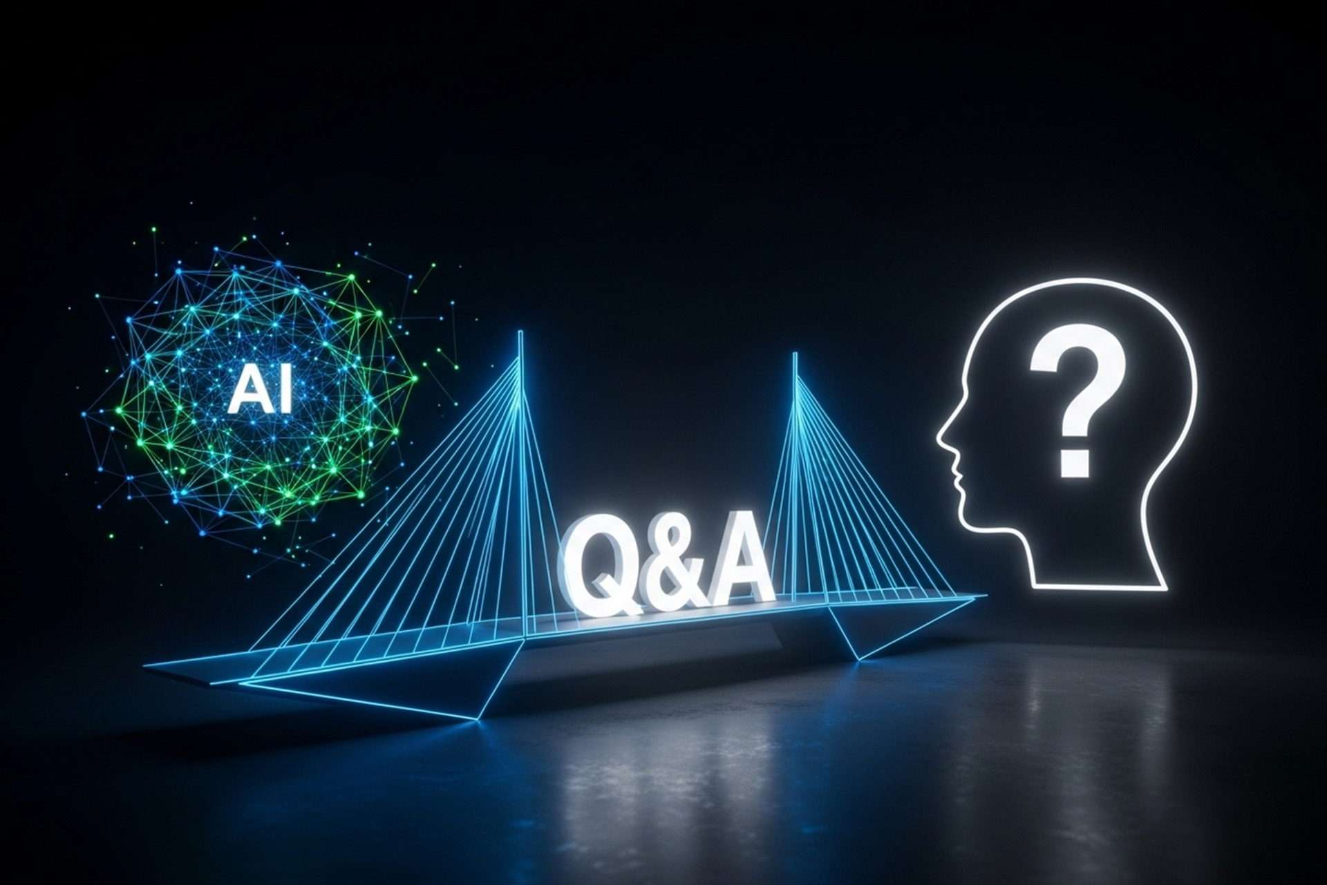 左側のAIデータネットワークと、右側の疑問符を抱く人間を、中央の「Q&A」と書かれた青い光の橋が繋いでいるイラスト。FAQがAIと読者の対話を促進する戦略であることを象徴している。