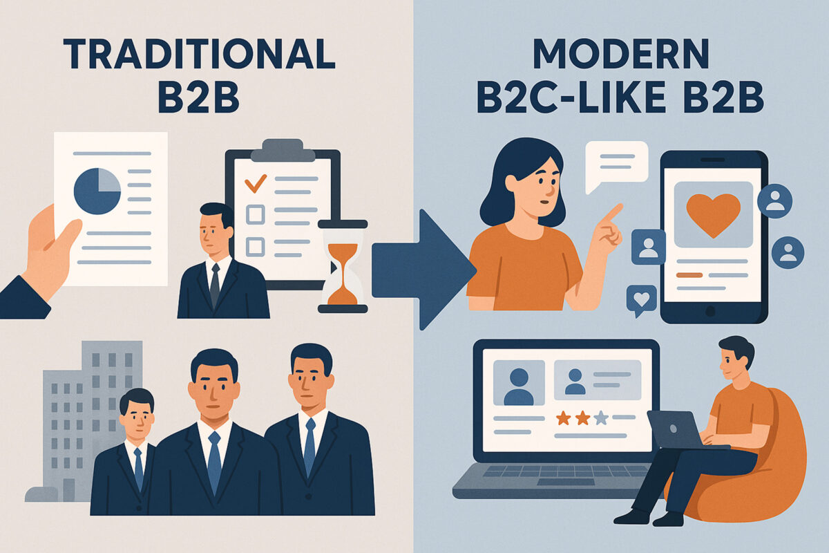 従来のB2Bと新しいB2C的B2Bを比較したインフォグラフィック。左側の堅い会議風景から、右側のパーソナライズされた体験を提供する女性へと大きな矢印が向かっている。
