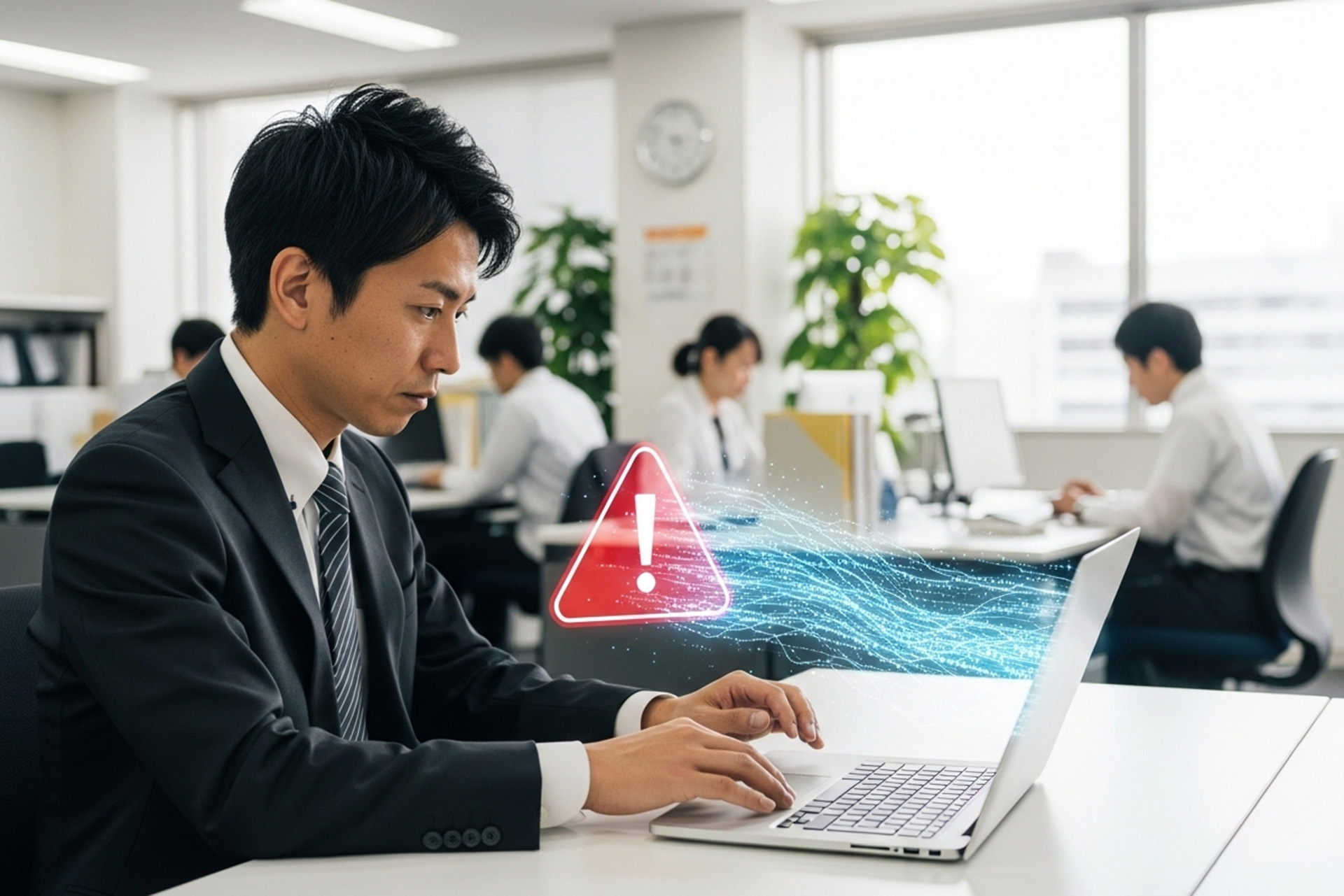明るい日本のオフィスで、若い日本人ビジネスマンがラップトップPCでの作業に集中している。本人が気づかないうちにAIツールを介して情報が漏洩しているリスクを象徴するように、PC画面からは青いデータの波が流れ出ており、横には危険を示す赤い警告マークが浮かんでいる。