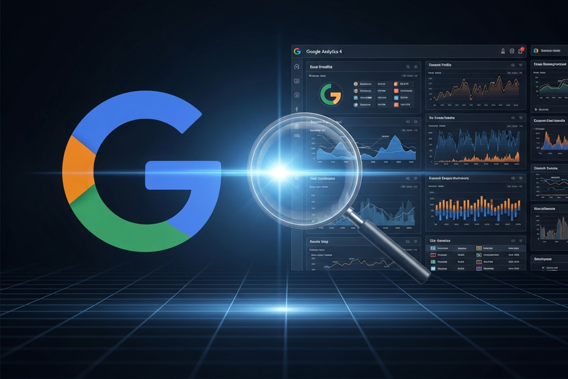 Googleのロゴと、複雑な分析ダッシュボードが描かれており、中央の虫眼鏡がデータを検証している様子。Googleの公式発表と実際のデータを比較するという記事のテーマを象徴している。