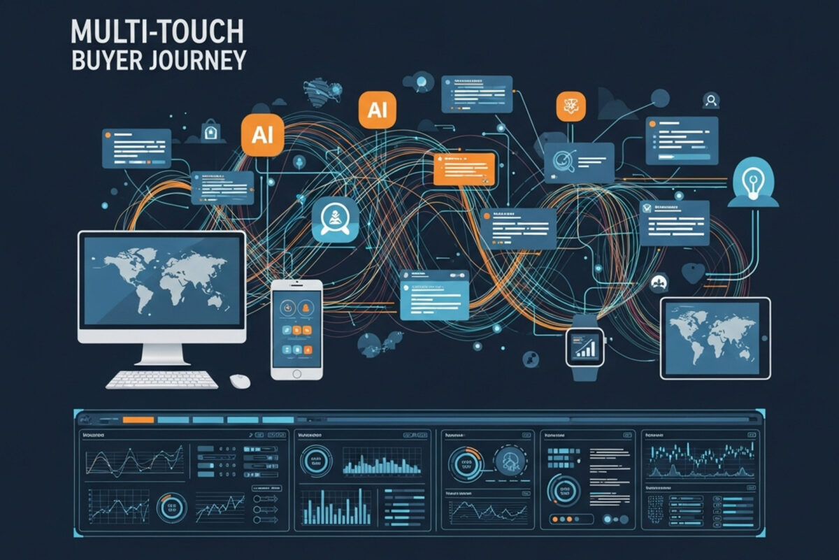「MULTI-TOUCH BUYER JOURNEY」と書かれた情報グラフィック。デスクトップPC、スマートフォン、タブレットなど複数のデバイスや、AI、広告、検索といった多様なチャネルが複雑な線で結びつき、買い手の非線形な購買経路を示している。下部にはそれらを一元的に管理するダッシュボードが表示されている。