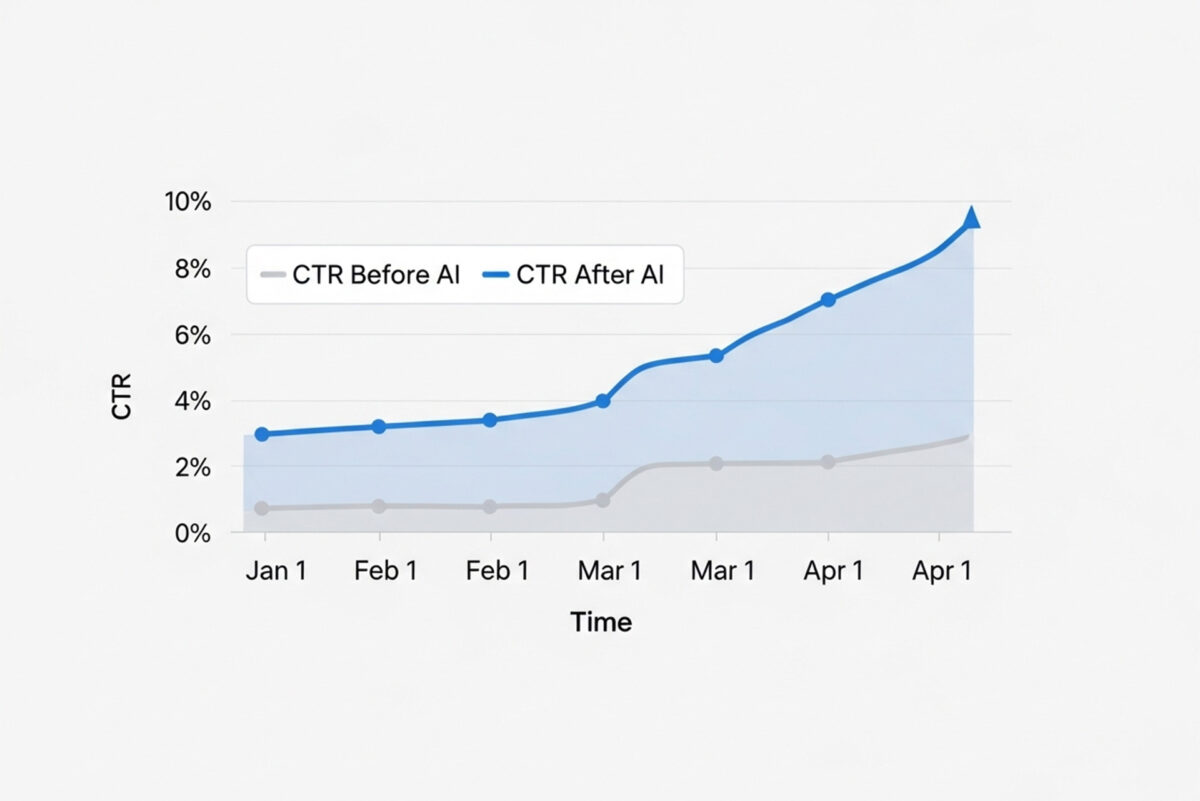 AI検索導入前後（Before AI/After AI）のCTR（クリック率）の推移を示す折れ線グラフのインフォグラフィック。AI導入後にCTRが低下している様子を示している。
