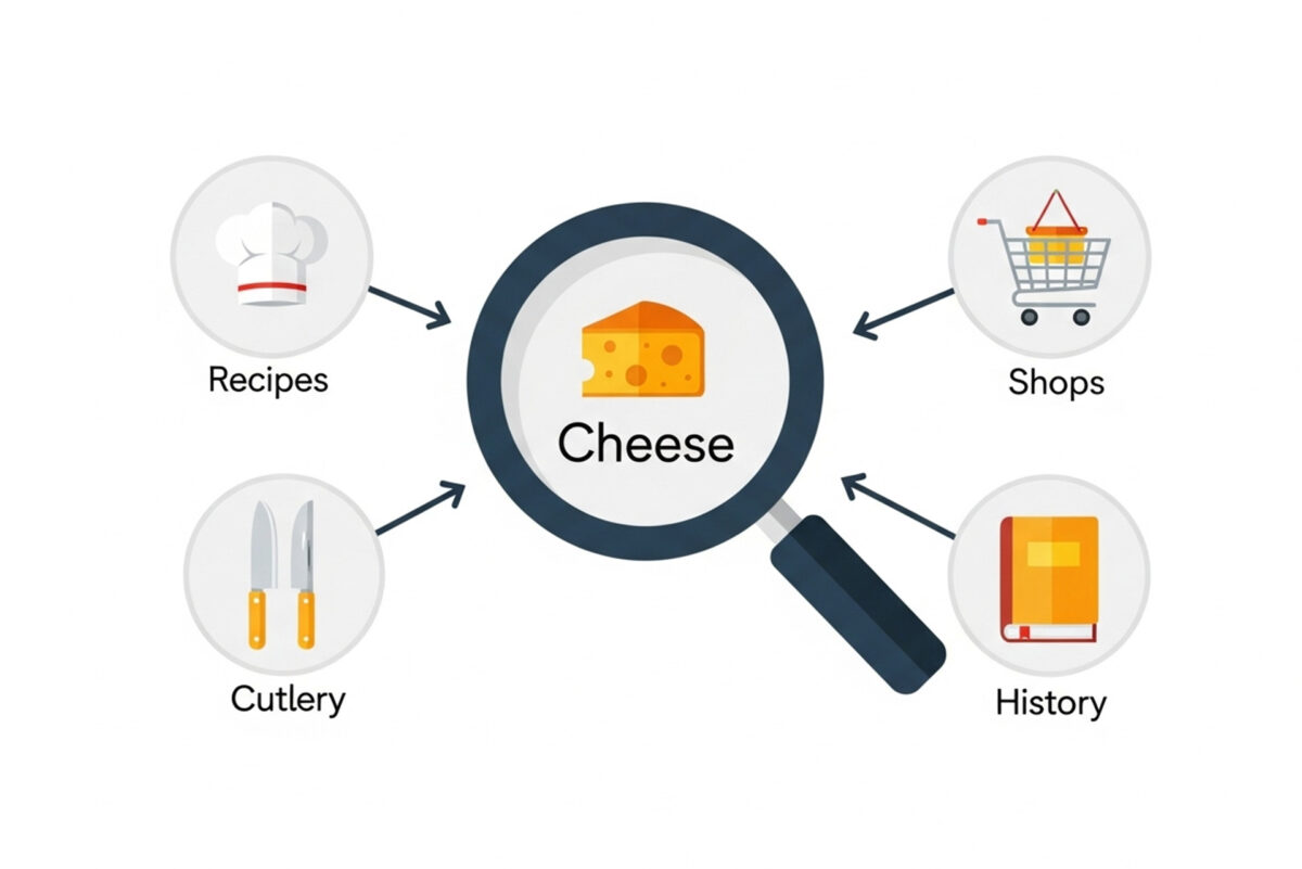 「Cheese」と書かれた虫眼鏡を中心に、シェフの帽子(レシピ)、ショッピングカート(店舗)、ナイフ(道具)、本(歴史)のアイコンが、それぞれ異なる検索意図を表すインフォグラフィック。Googleが多様なユーザーニーズをどのように捉えているかを示している。