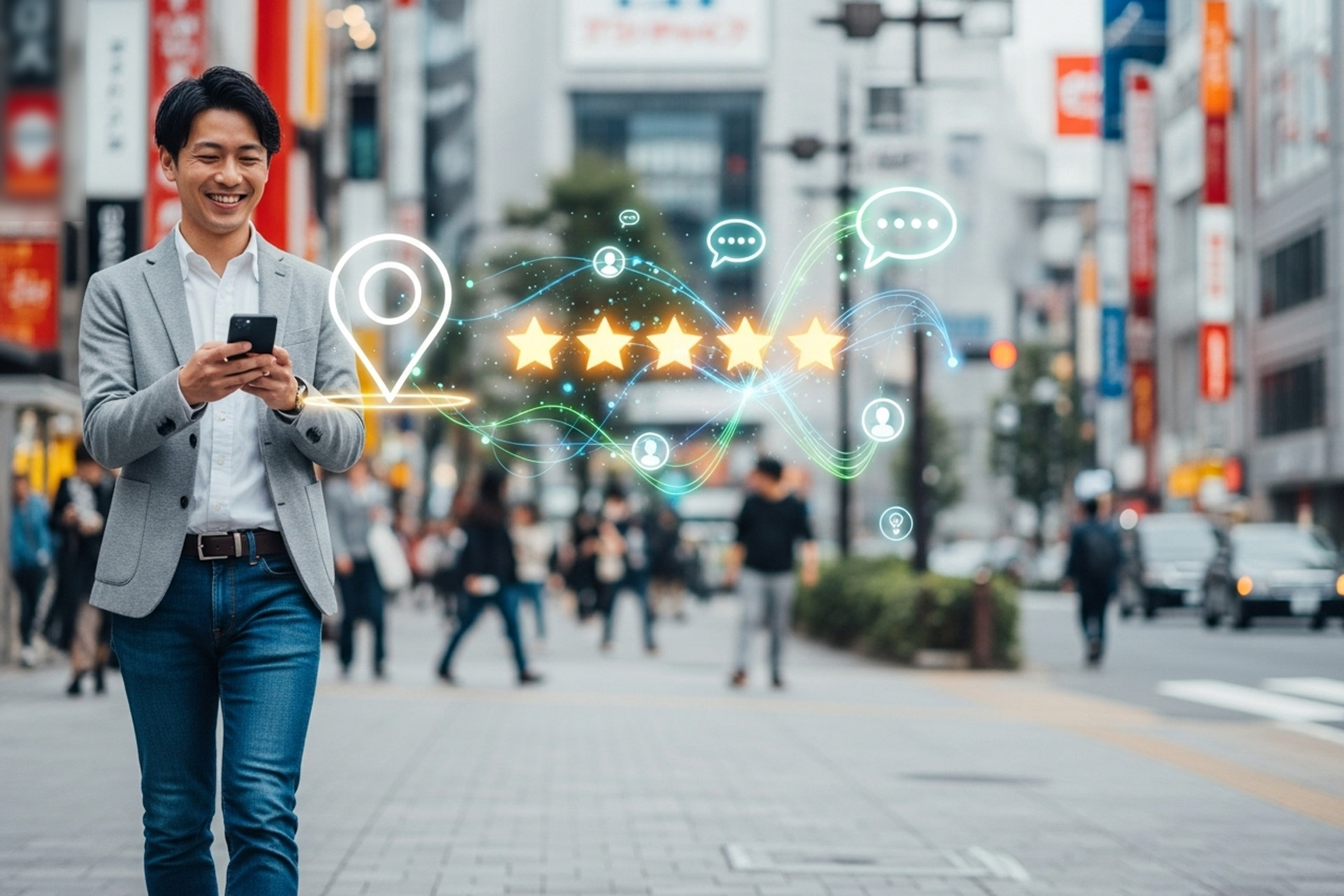 日本の賑やかな街を笑顔で歩く日本人ビジネスマン。スマートフォンを手に持ち、その周りにはGoogleマップのピンと5つの星のレビューアイコン、会話を表す光のデジタル要素がホログラムのように浮かび上がっている。ローカル検索におけるレビューの重要性を示唆している。