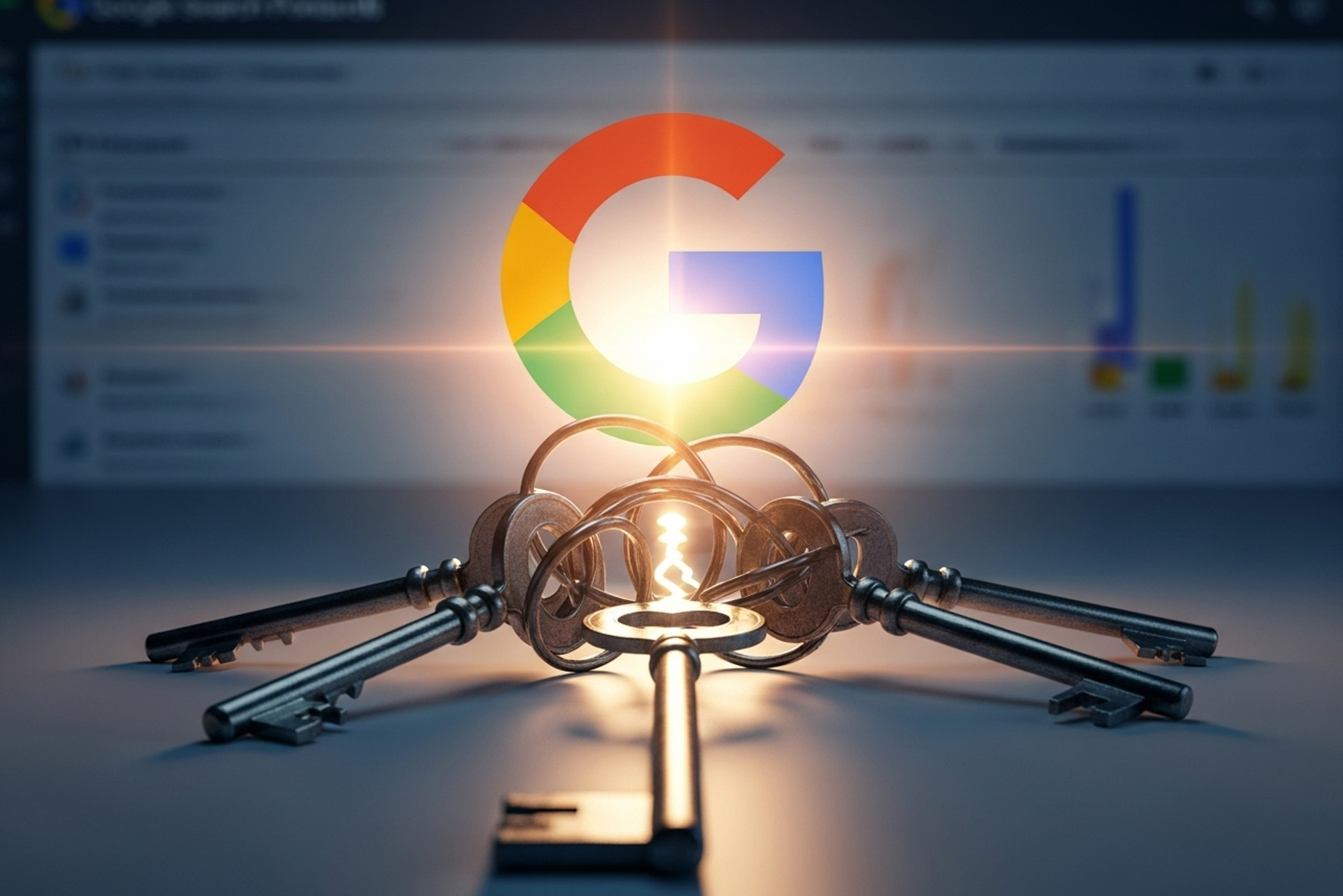 複数の絡み合った古い鍵（キーワードカニバリゼーションの混乱を象徴）の中央に、Googleのロゴが光を放ち、鍵が解き放たれ一本の明確な道を示す様子。背景にはデータダッシュボードがぼんやりと見え、複雑なSEOの問題がGoogleの指針で解決される未来を表している。