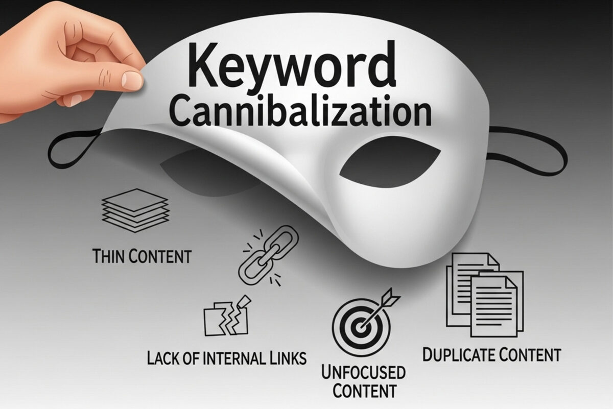 「Keyword Cannibalization」と書かれたマスクを人間の手が剥がすと、その下に「Thin Content(薄いコンテンツ)」「Lack of Internal Links(内部リンク不足)」「Unfocused Content(焦点が曖昧)」「Duplicate Content(実質的重複)」といった、SEOの本質的な問題を表すアイコンが見えるイラスト。